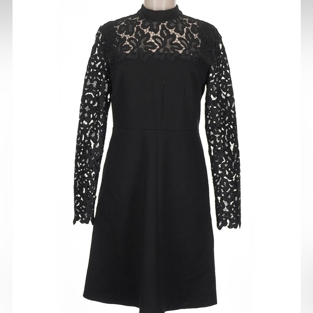 Elie Tahari Black Lace Yoke & Sleeve Long Sleeve Dress